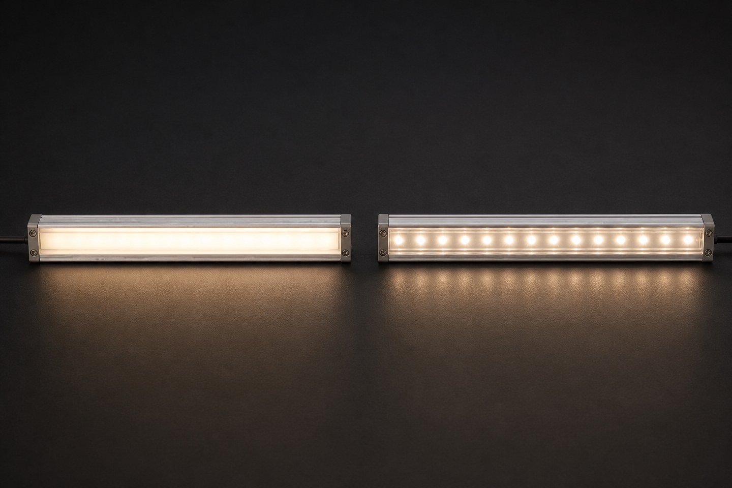 Two rigid LED light bars side by side, one diffused and one with visible point sources.