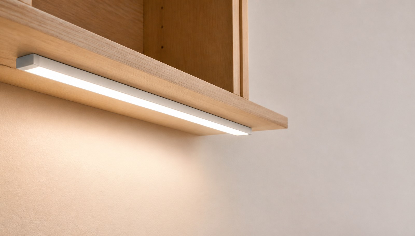 An illuminated rigid aluminum LED light bar mounted along a wood cabinet shelf edge.