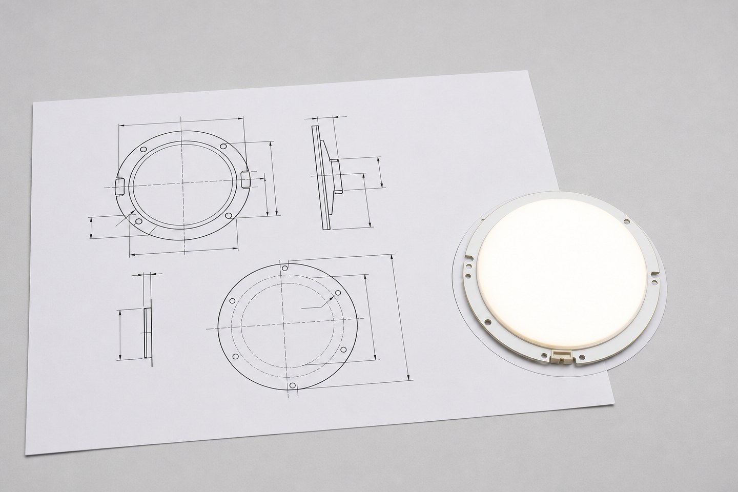 A dimensioned technical drawing sheet beside a small illuminated round LED light board module.