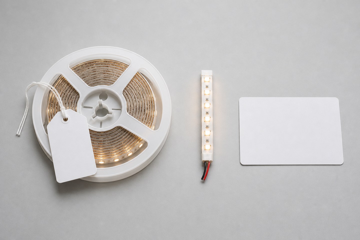 An LED strip reel, a lit sample swatch and a blank index card arranged as a reference set.