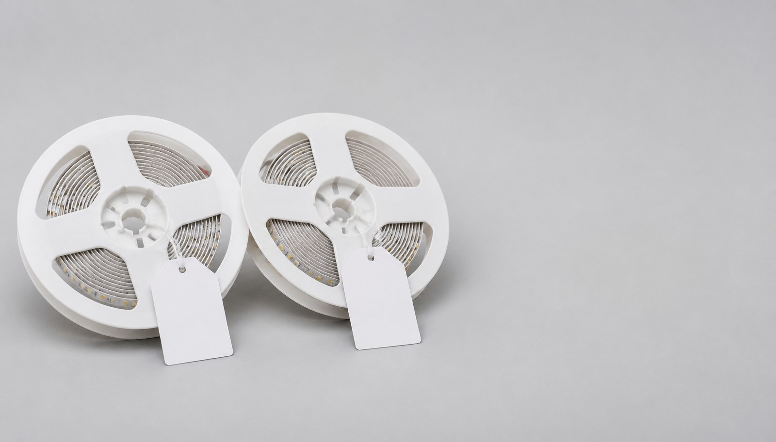 Two white LED strip reels on a gray studio surface, each with a blank label tag attached.