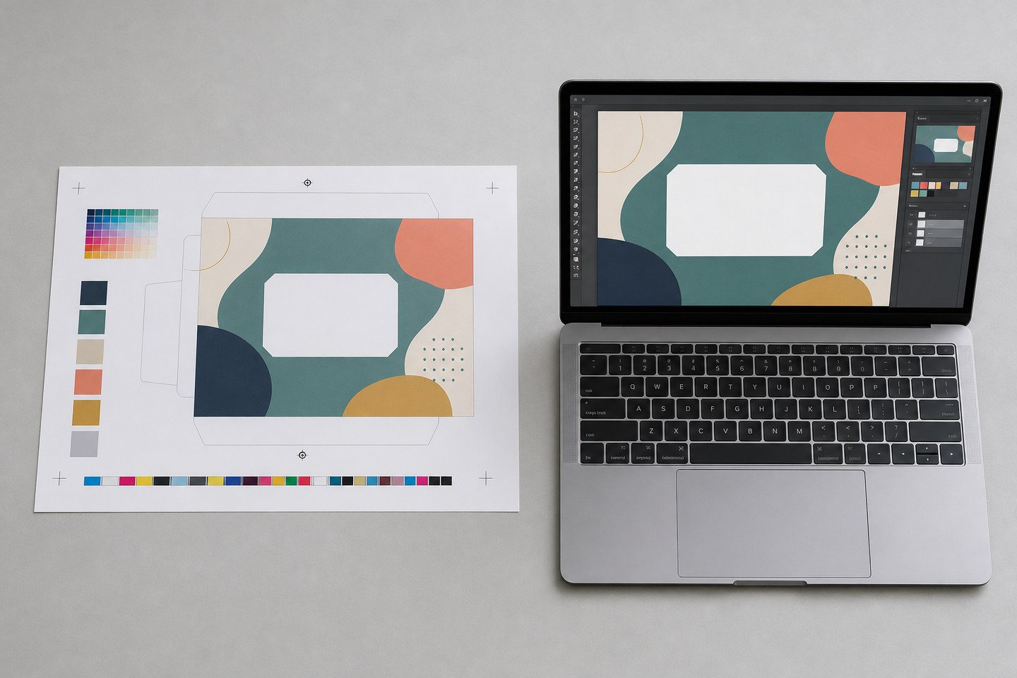 A printed color-proof sheet beside a laptop screen showing an abstract design layout.