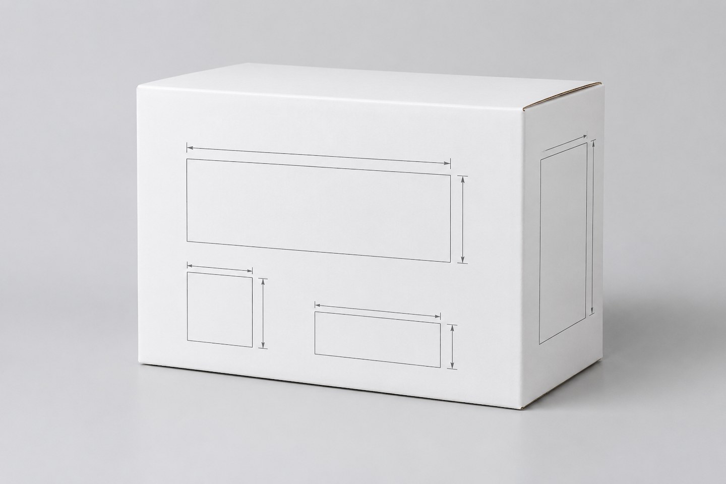 A plain white box with a dimensioned outline sketch marking label positions on its face.