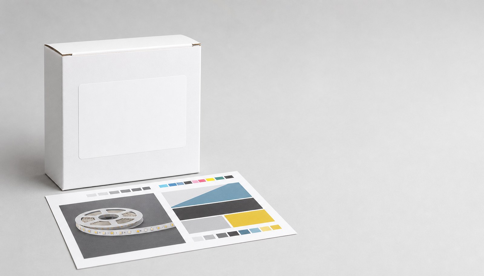 A plain white retail box with a blank label area beside a printed color-proof sheet with abstract graphics.