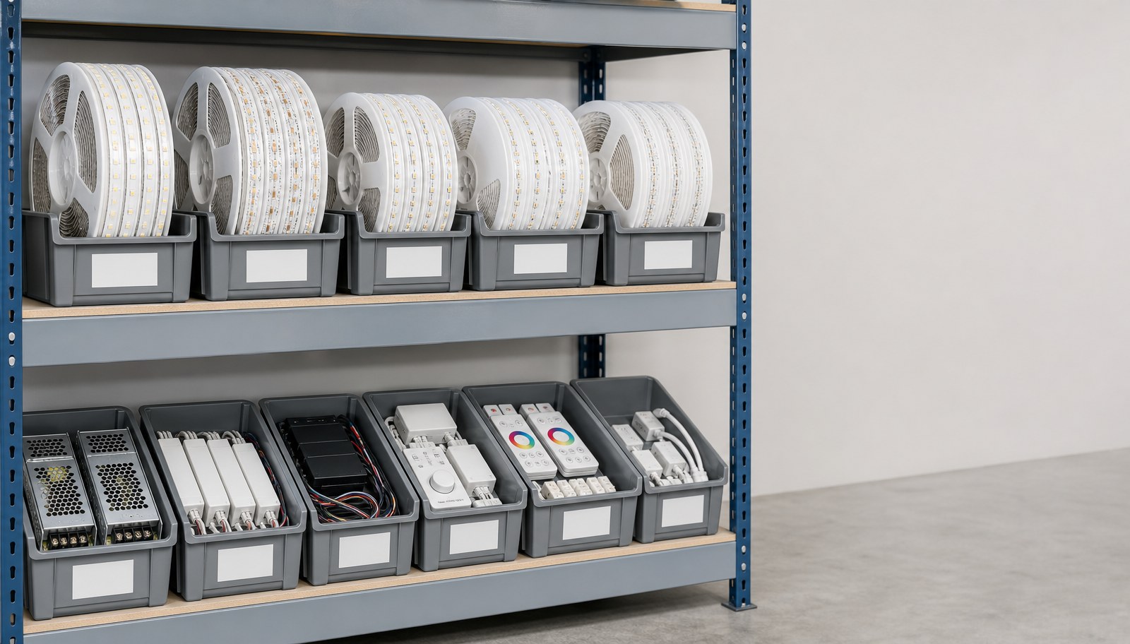 An organized warehouse shelf display with different LED strip reels and accessory bins.