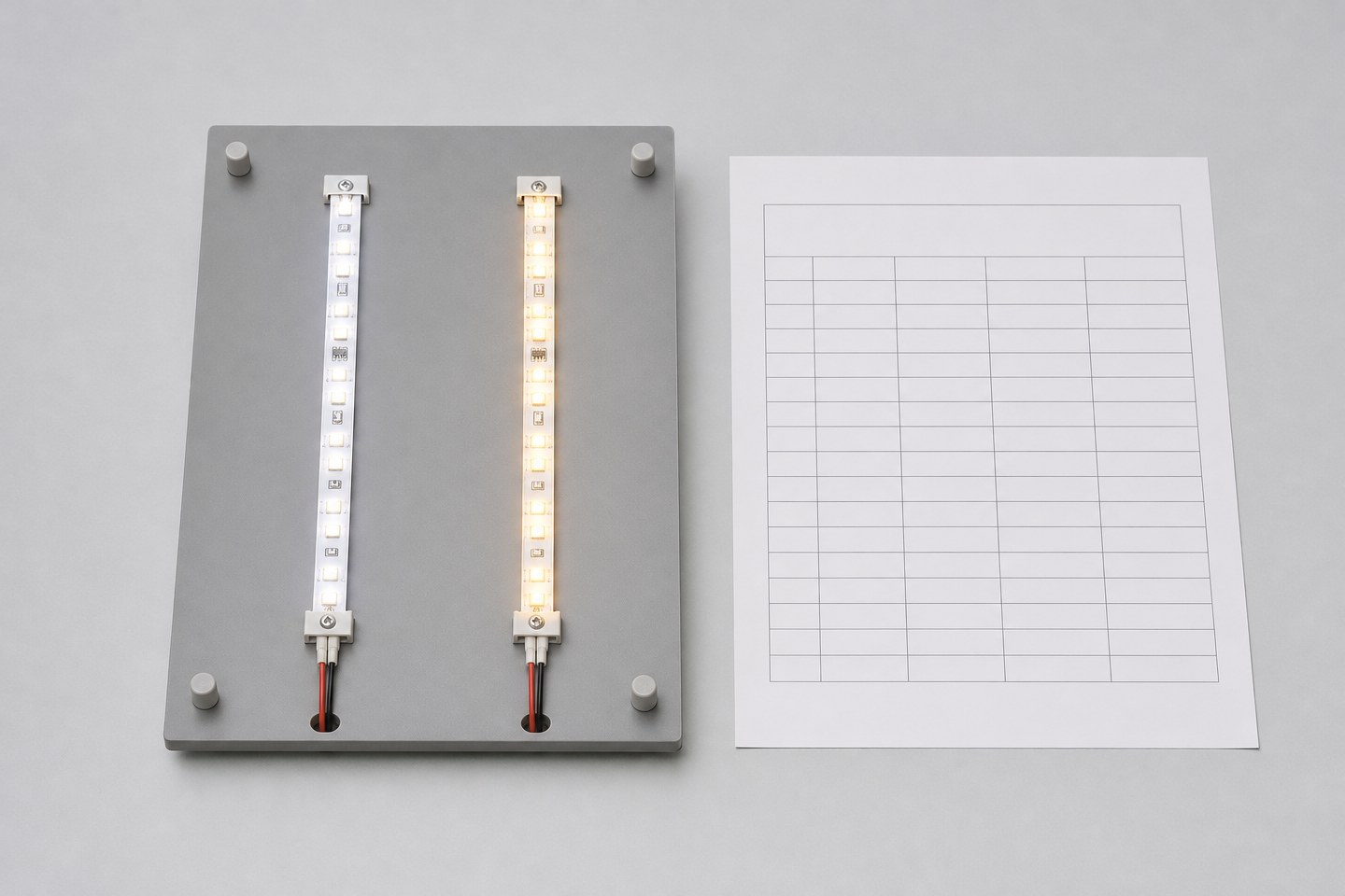 Two illuminated LED strip samples mounted on a test fixture board with a blank record sheet.