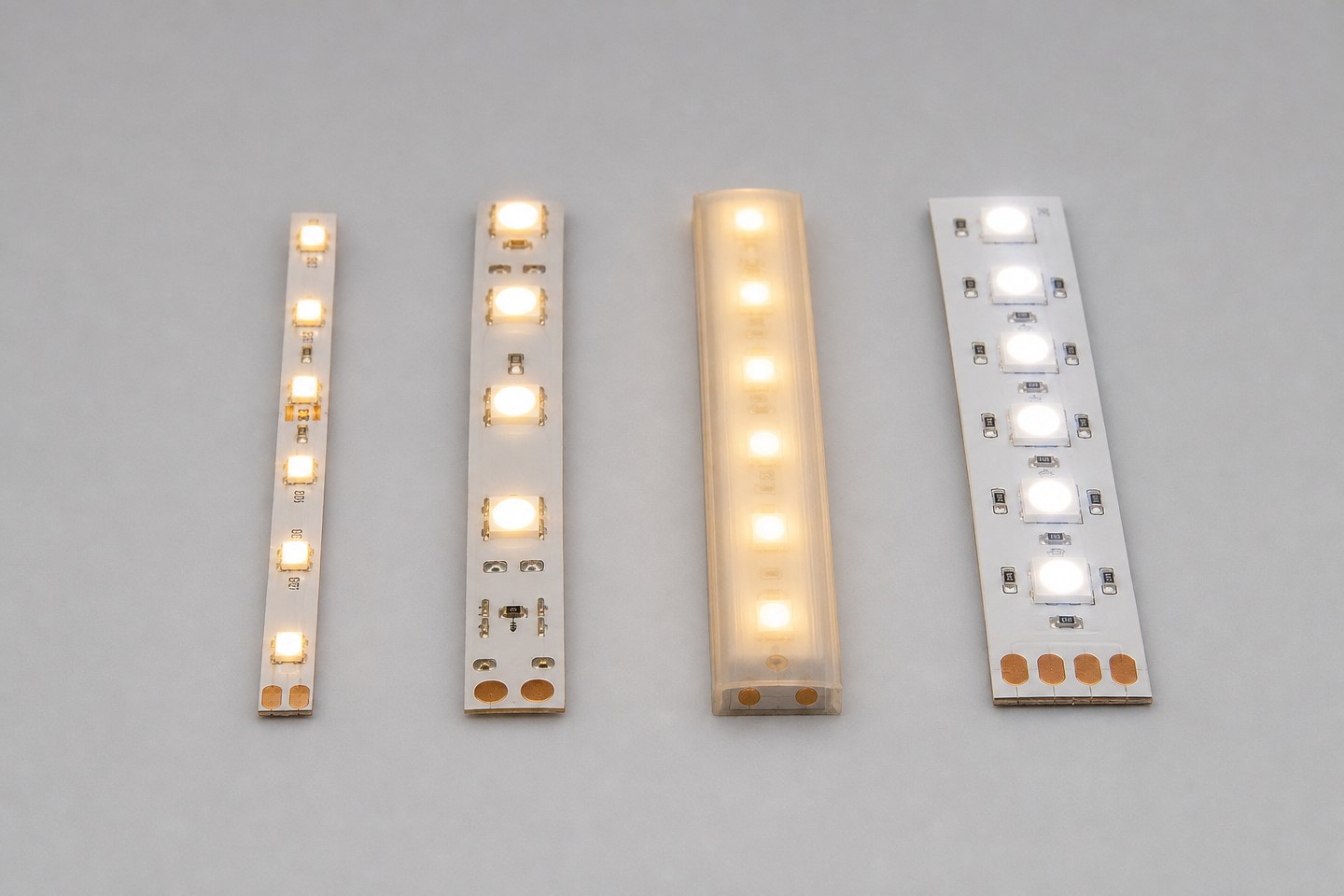 Four illuminated LED strip sample pieces of varying widths and tones laid in a row.