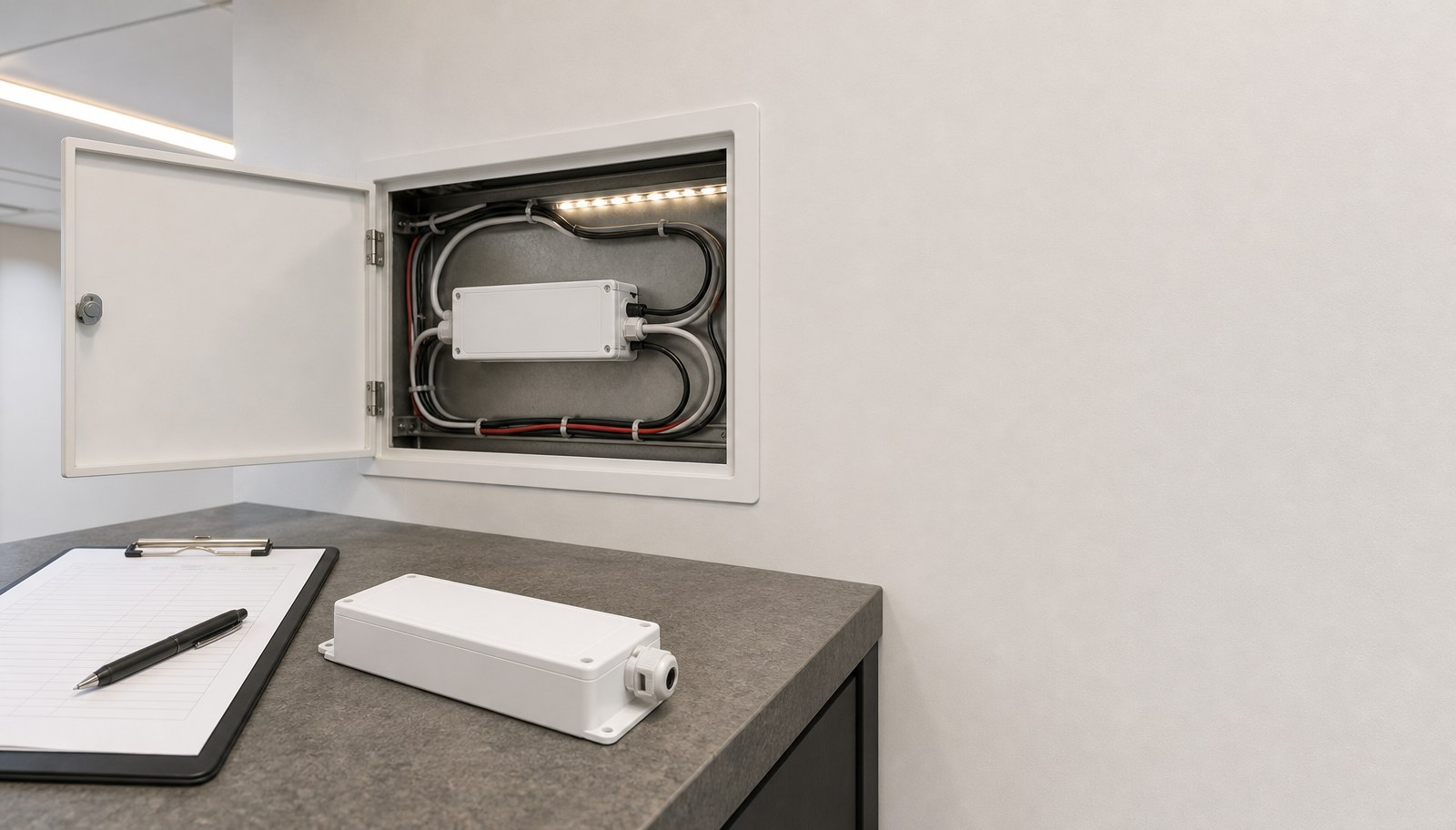 An open wall-mounted service access panel revealing an LED driver and cables, with a spare driver nearby.
