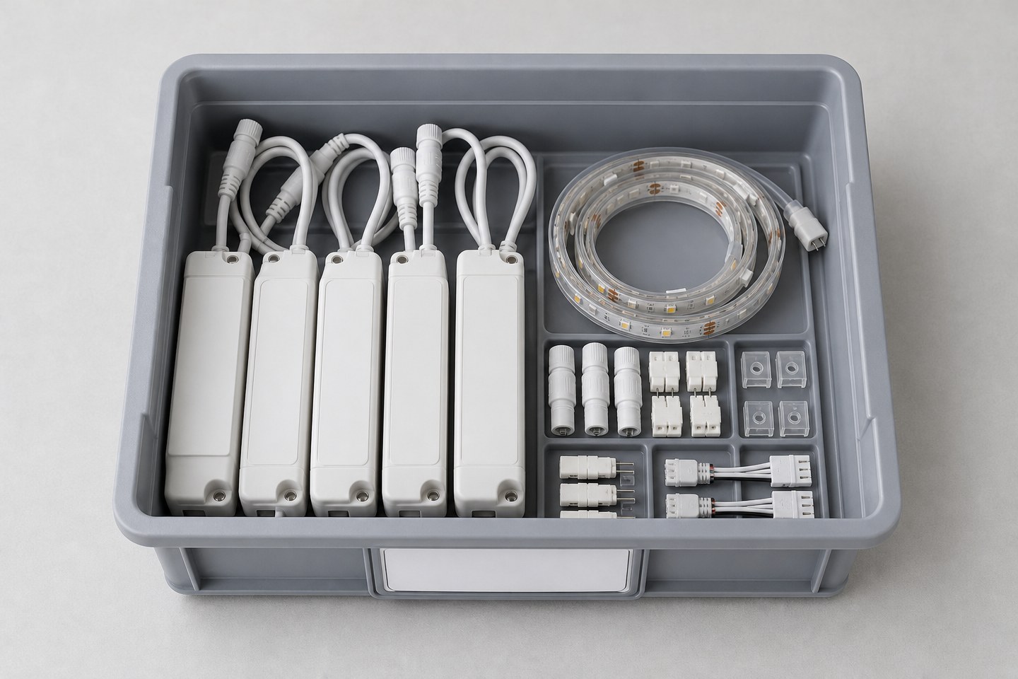 An organized storage bin containing spare LED drivers, connectors and a coiled strip segment.
