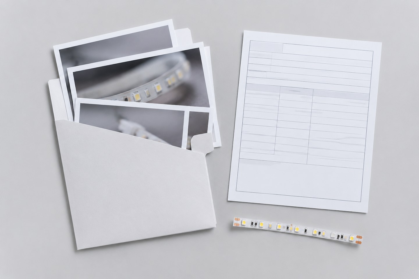 A folder of printed photographs beside a blank evidence record sheet and a short LED strip sample.