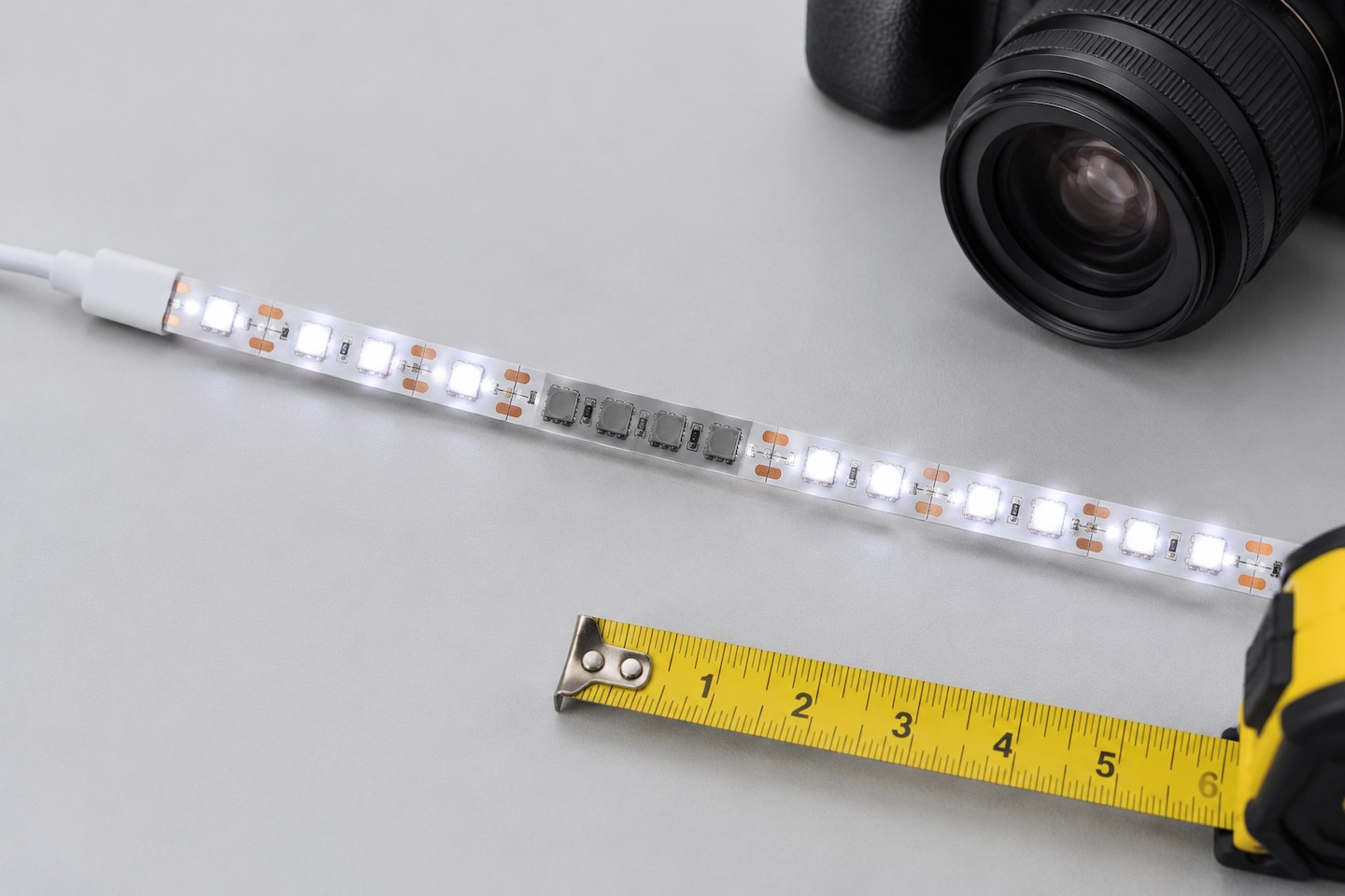 A close-up of an LED strip segment with a clearly darker unlit section, with a camera nearby.