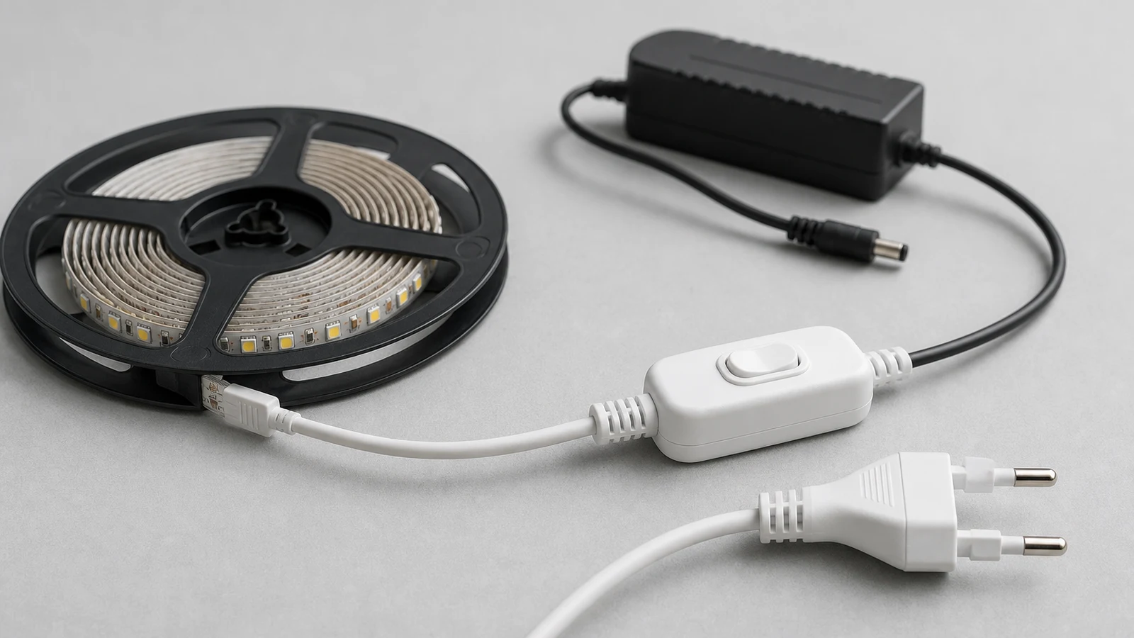 An LED strip reel wired through an inline switch directly to a mains plug, shown beside a separate low-voltage power adapter for comparison