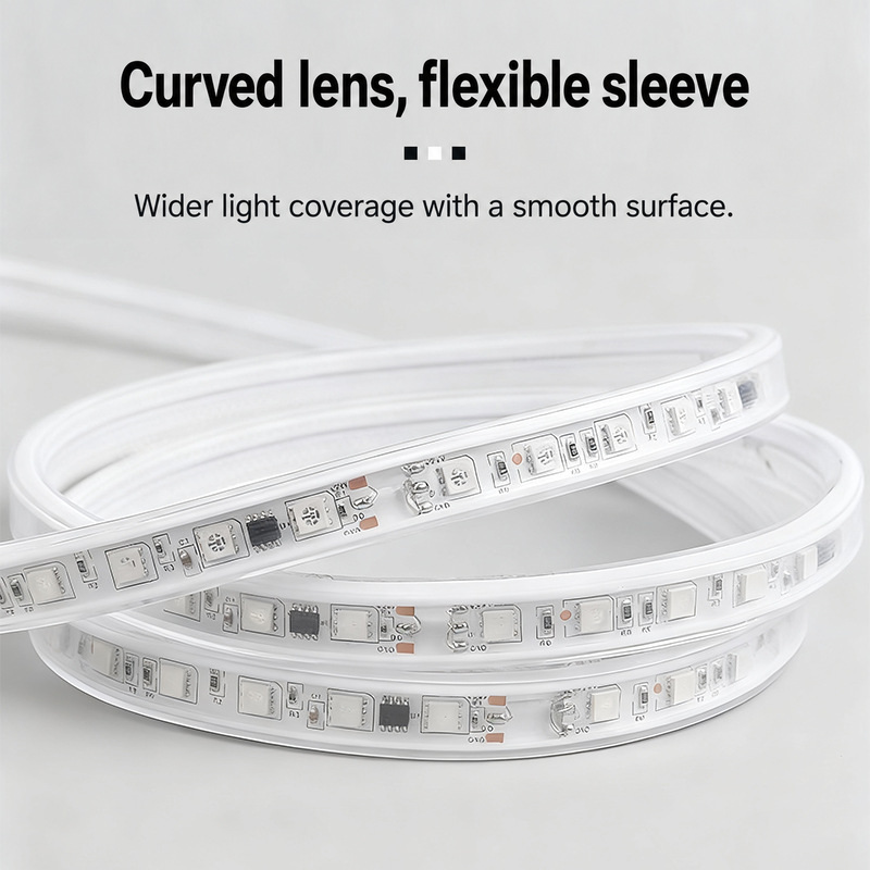 Curved protective sleeve over RGB LED strip components