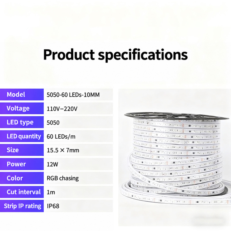 RGB strip reel with dimensions and specifications