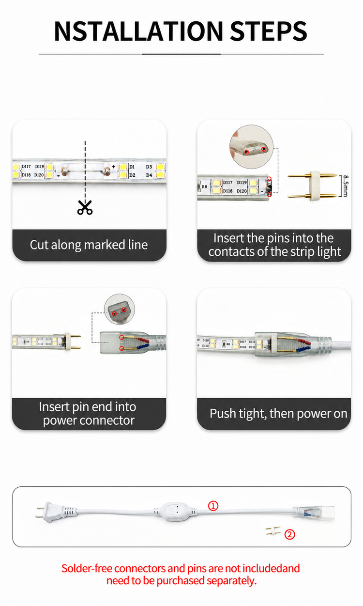 Two-pin strip connection and separately supplied connector