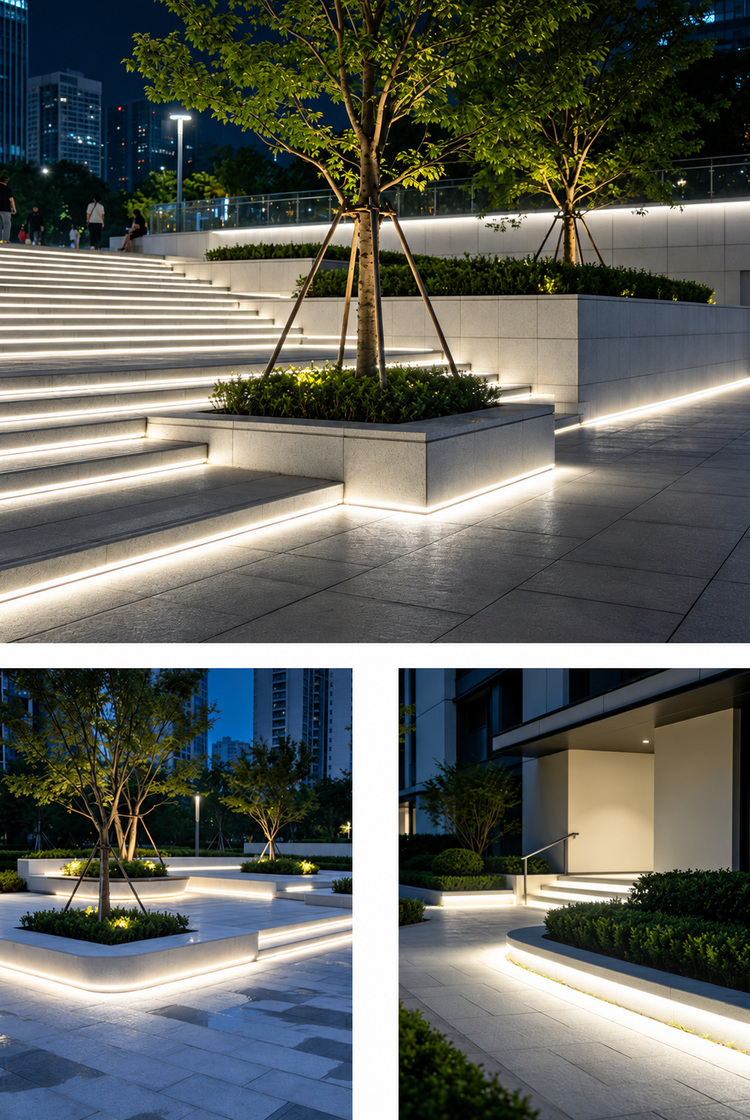 White linear lighting around outdoor steps and planters