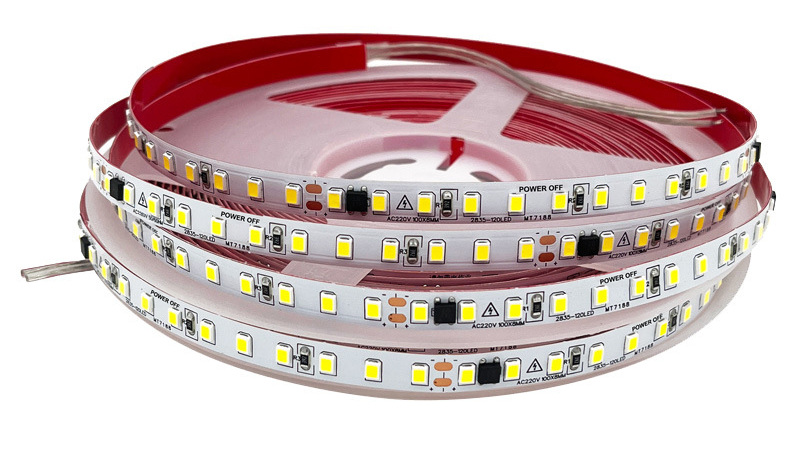 220V bare LED strip reel with red adhesive backing