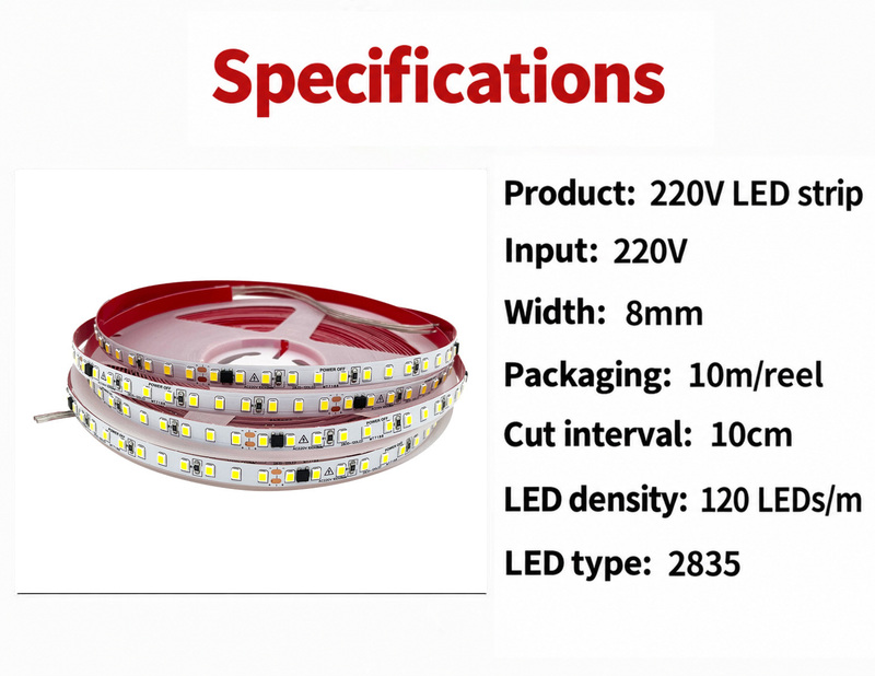 220V 8mm 120 LEDs per metre strip specifications