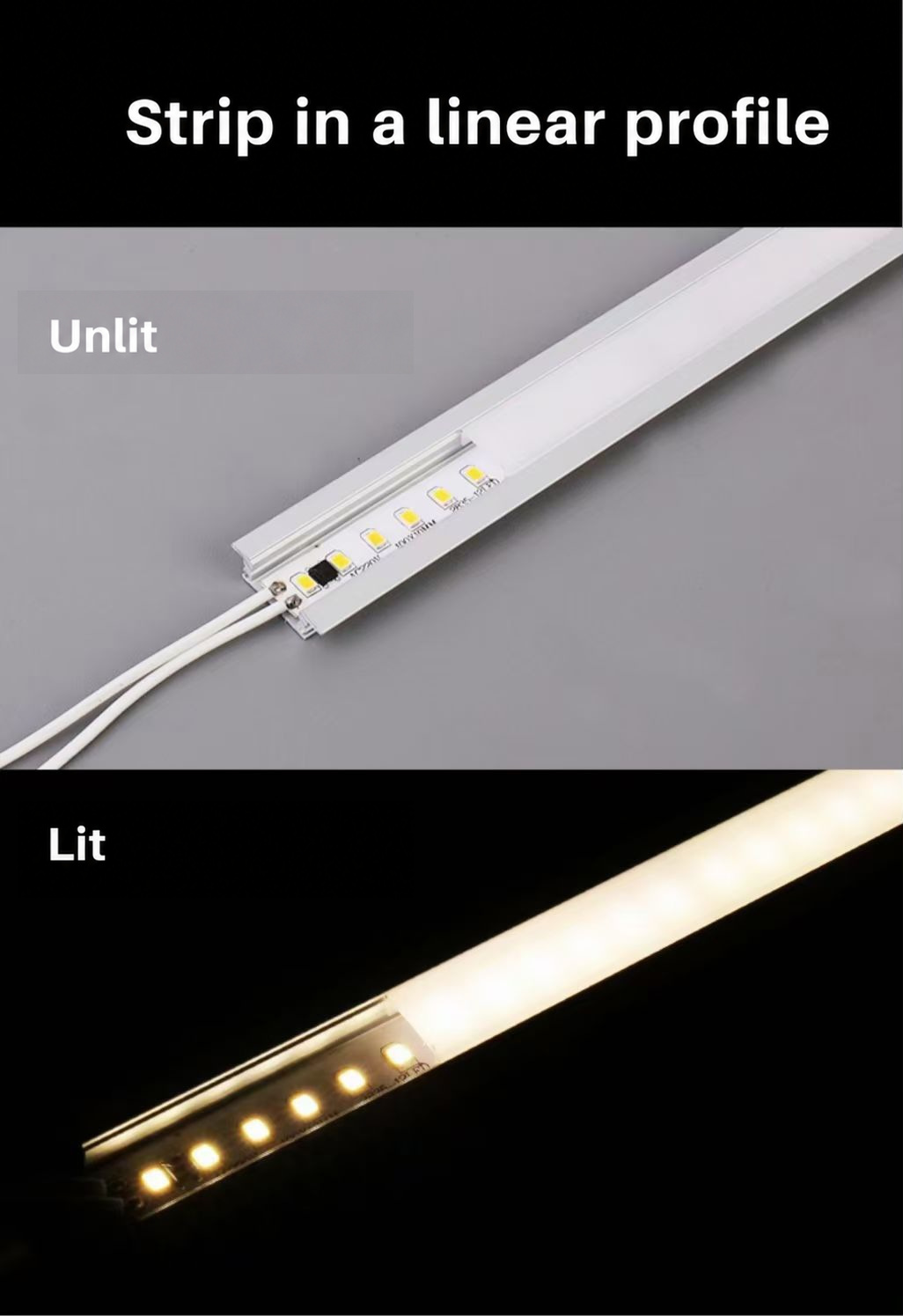 Unlit and illuminated LED strip in a linear profile