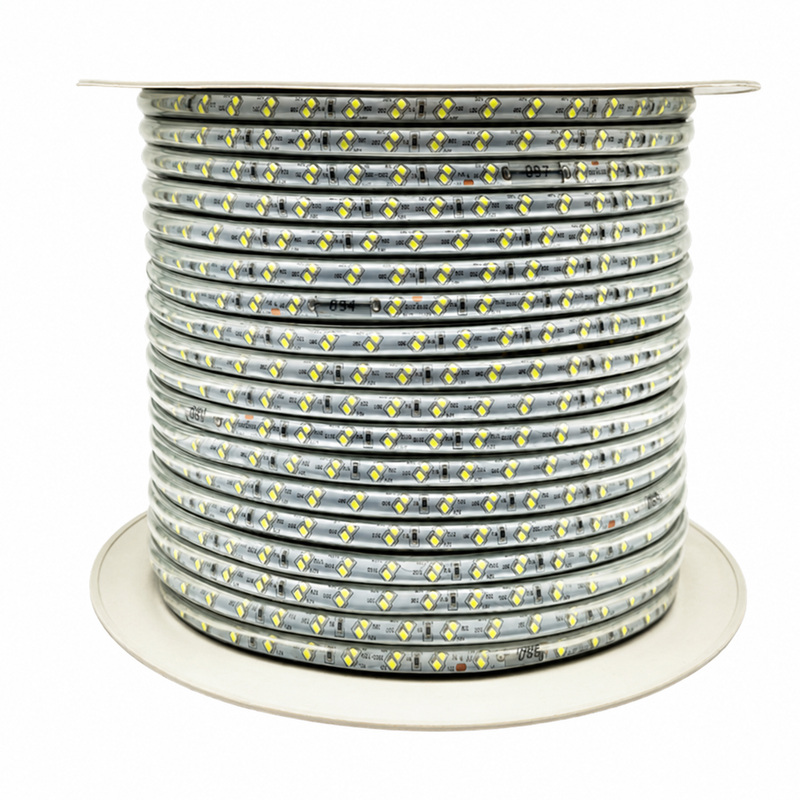 Reel of unlit diagonal double-row LED strip with convex encapsulation.