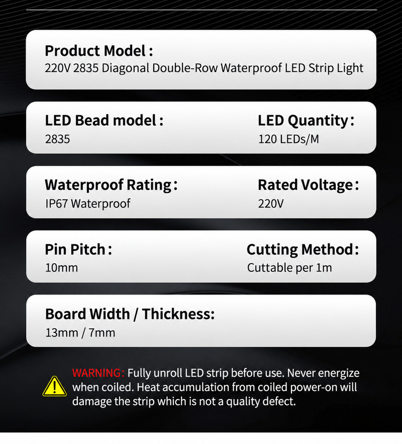 Specifications for the illustrated 220V double-row 2835 strip.