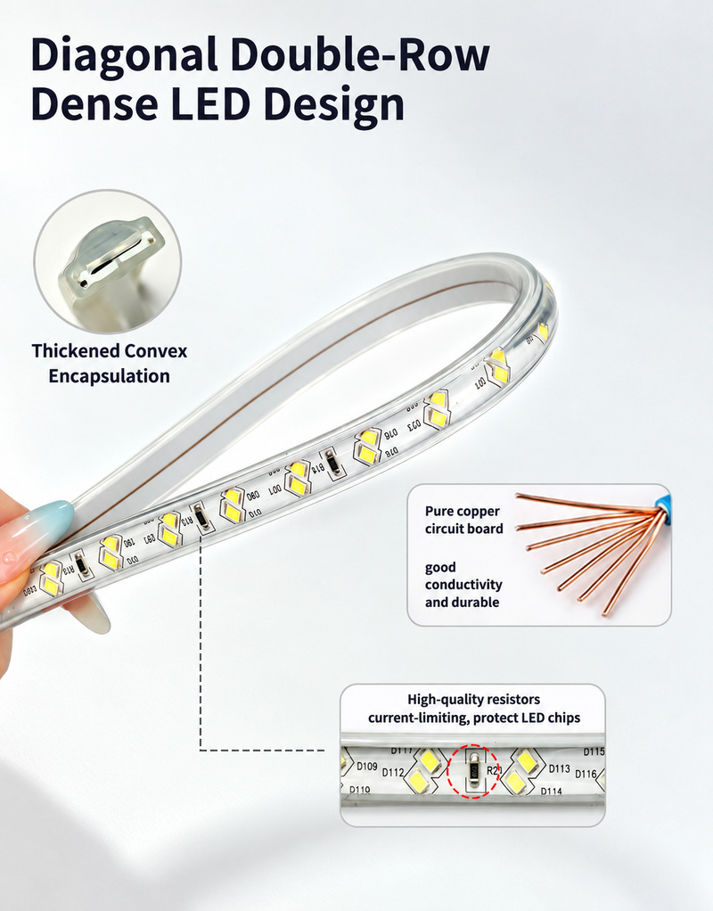 Convex strip cross-section, diagonal LED rows and current-limiting resistor detail.