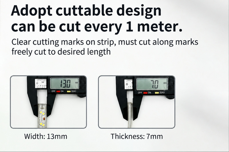 Strip width and thickness shown with calipers and marked cutting interval.