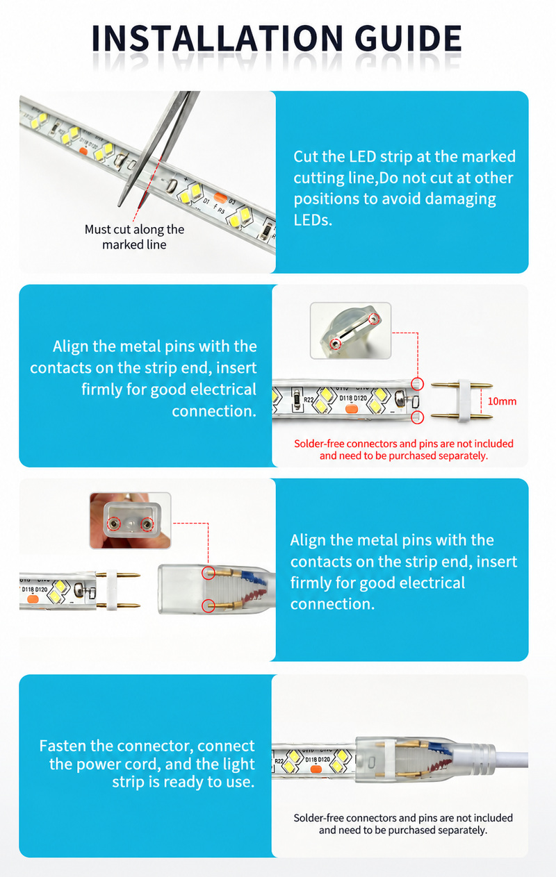 Cutting and two-pin connector alignment steps for the illustrated strip.