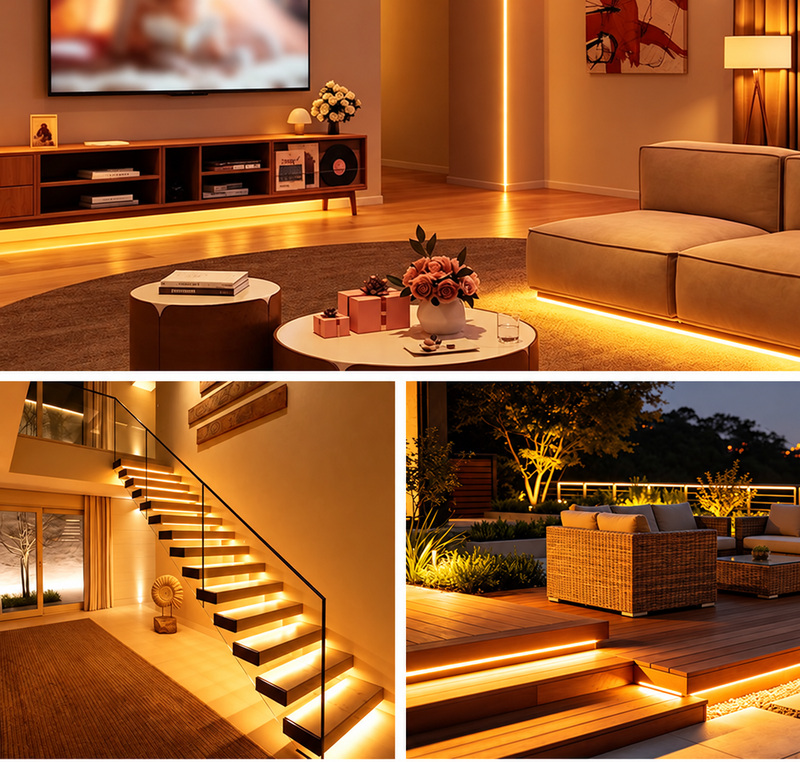 Warm-white accent lighting in a living room, staircase and patio.