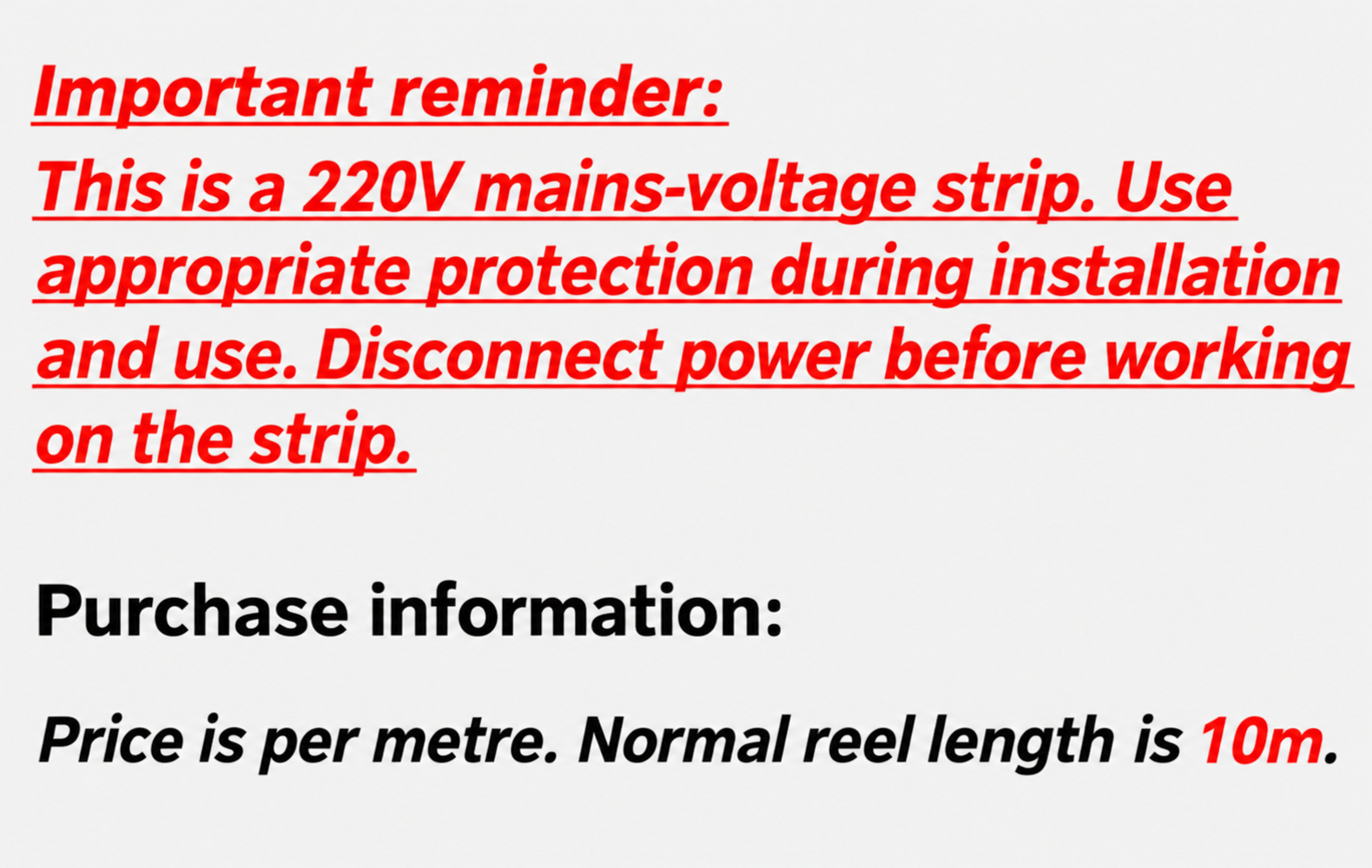 220V electrical precautions and per-metre pricing with a normal 10m reel
