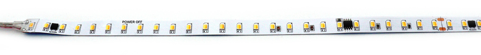 Straight LED strip PCB showing LED packages, copper cut pads and lead connection