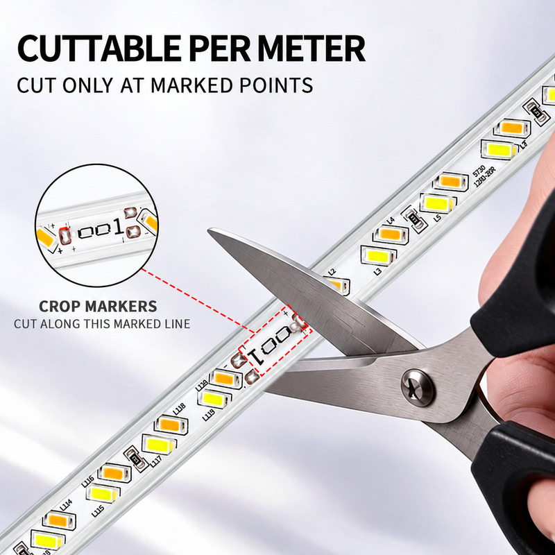 Scissors aligned to a marked cut point on the strip