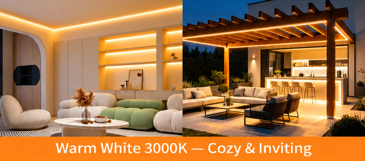 Warm-white linear lighting in a living room and covered patio