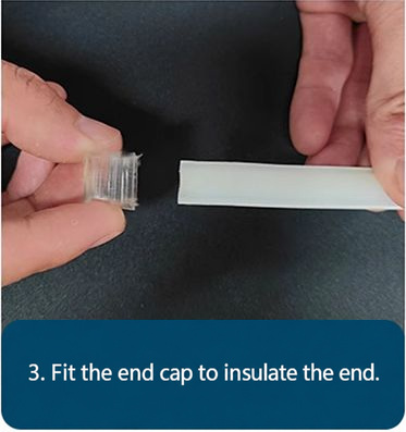 Clear end cap aligned with the strip end