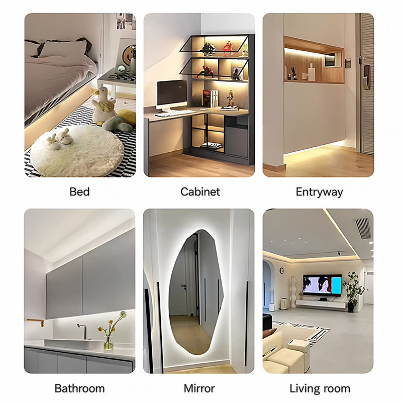 Strip lighting around a bed, cabinets, entryway, mirror and ceiling