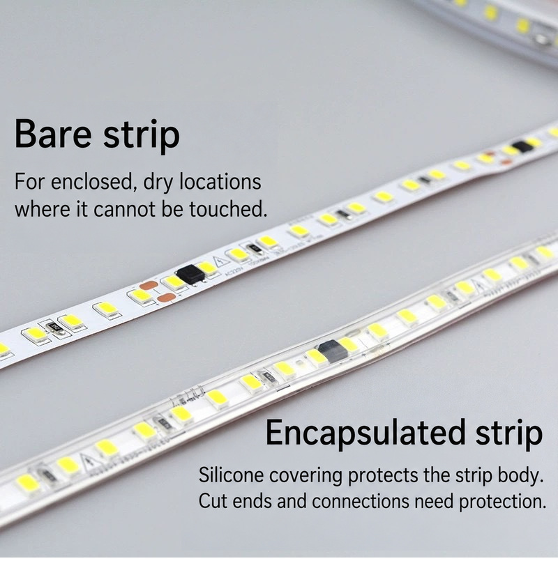 Bare LED strip above a silicone-covered strip