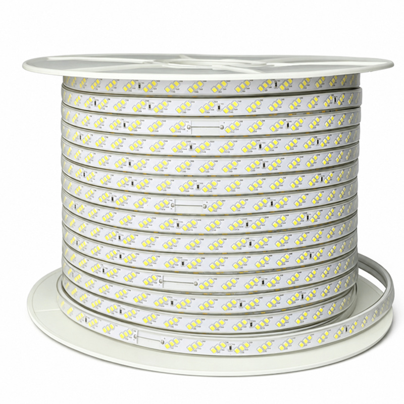 Unlit reel of encapsulated diagonal triple-row LED strip.