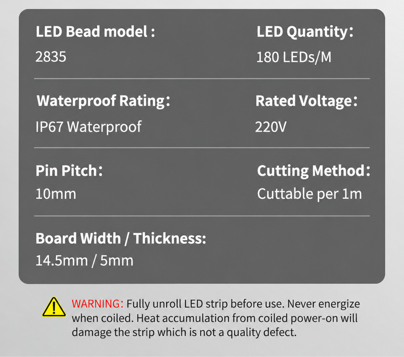 220V triple-row strip parameters and an unroll-before-power warning.