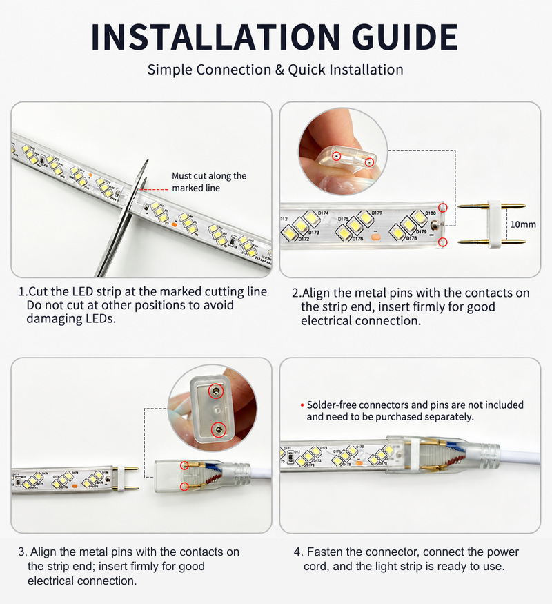 Two-pin strip connection steps with separately purchased connector parts.