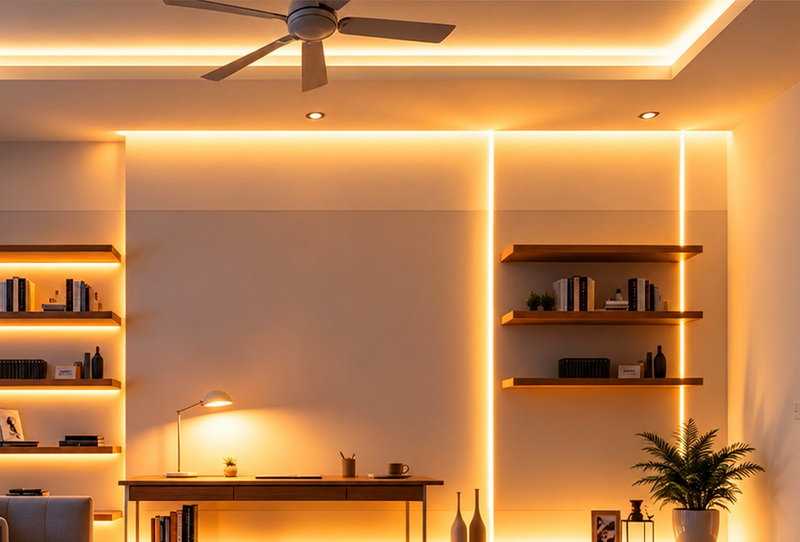 Warm-white linear lighting around a room ceiling and wall shelves.