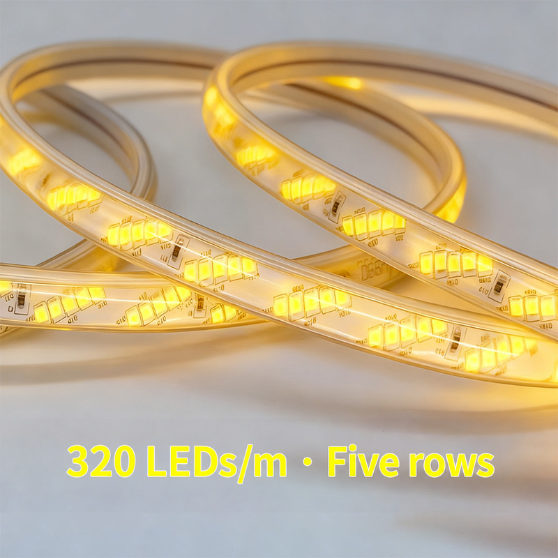 Warm light from the five-row 320-LED-per-metre strip.