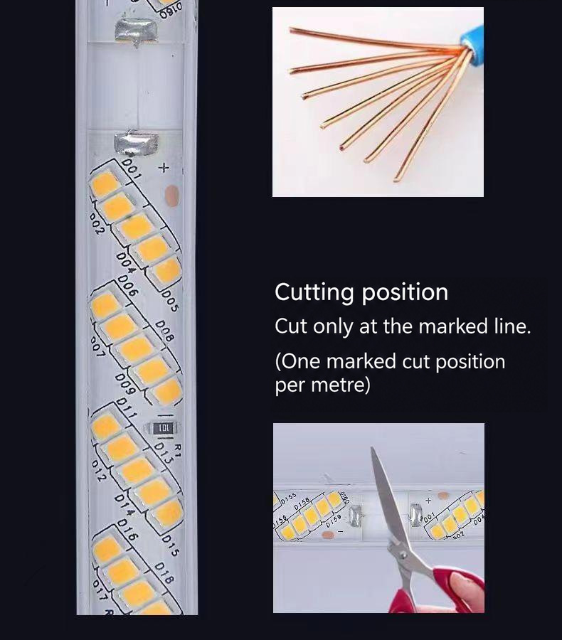 Marked cutting area and copper conductors in the five-row strip.