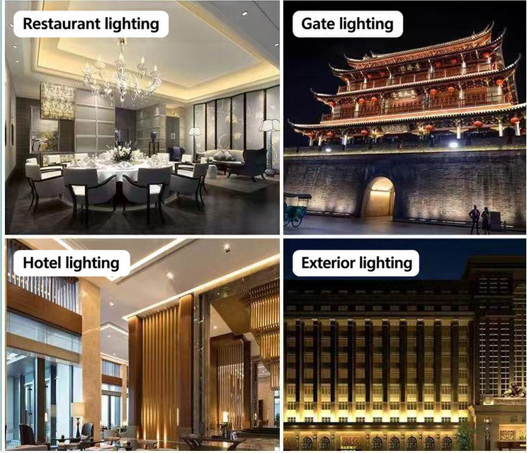 Restaurant, gate, hotel and building-outline lighting examples.