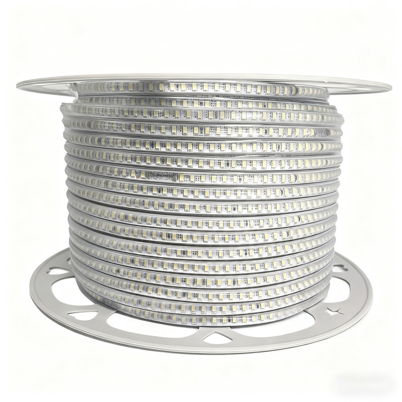 Reel of unlit encapsulated multi-row LED strip.