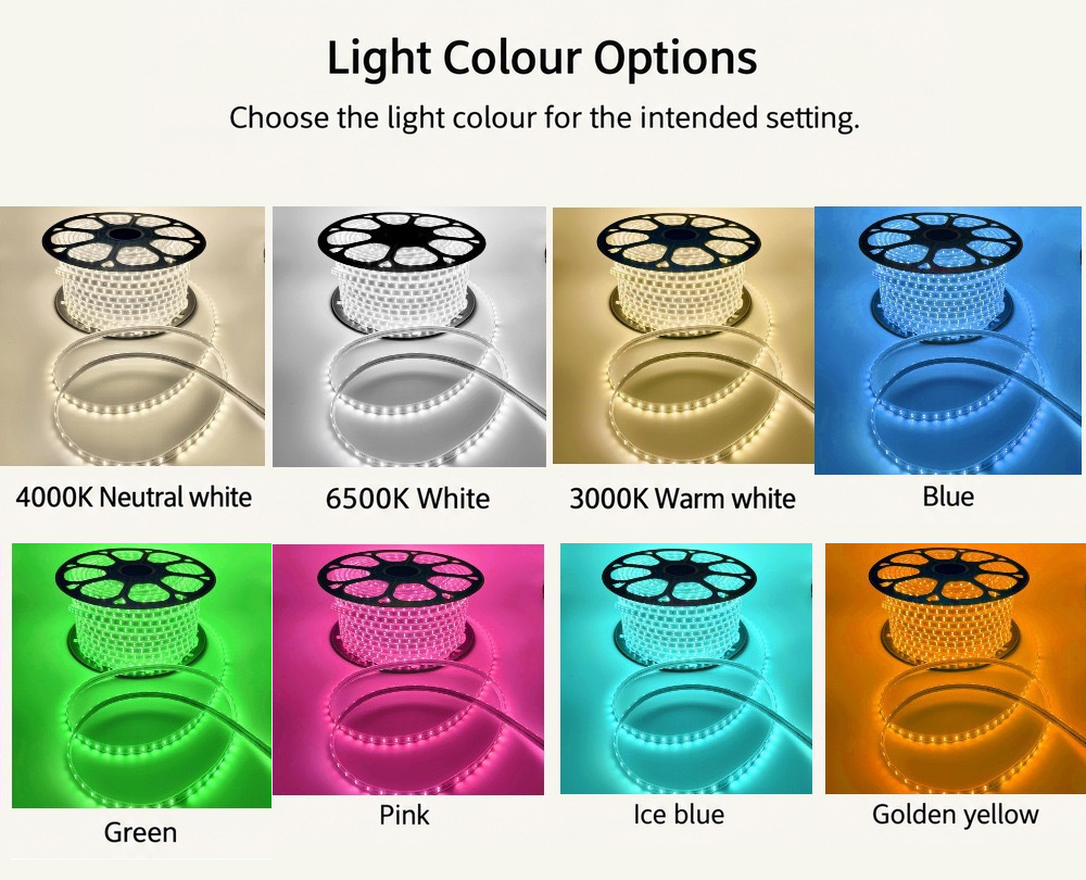 Eight fixed-colour lighting examples with warm, neutral, cool and decorative colours.