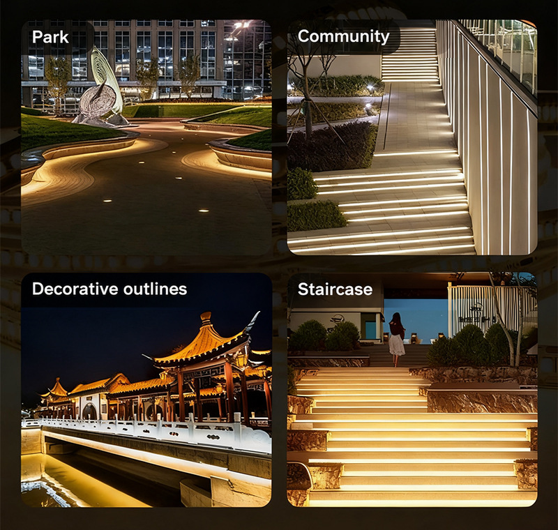 Park, residential and staircase accent-lighting examples.