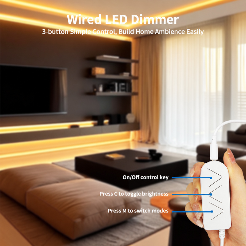 Three-button wired dimmer held beside warm-white room lighting