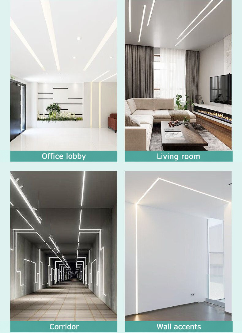 Linear-lighting applications in a lobby, living room, corridor and wall recess