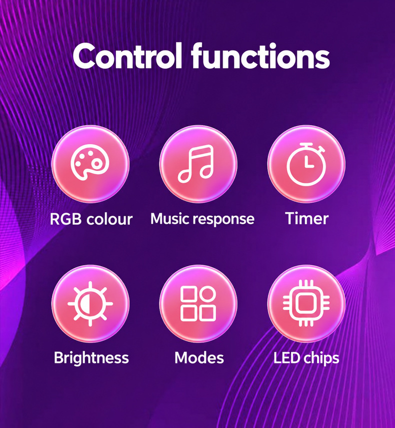 Colour, music response, timer, brightness and mode controls.
