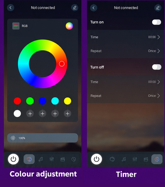 App screens for colour selection and scheduled switching.